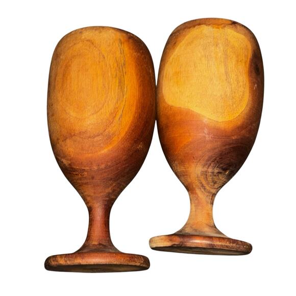 Pair Wooden Wine Goblets Mid Century Modern Turned From a Single Piece of Wood - Picture 2 of 9